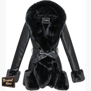 Faux Leather Coat with Faux Fur Collar, Belted Mid Length Hooded Jacket
